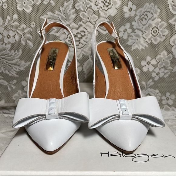 Halogen “Lila” Studded Bow White Leather Sling-Back Pumps - Size 4M - Picture 6 of 14